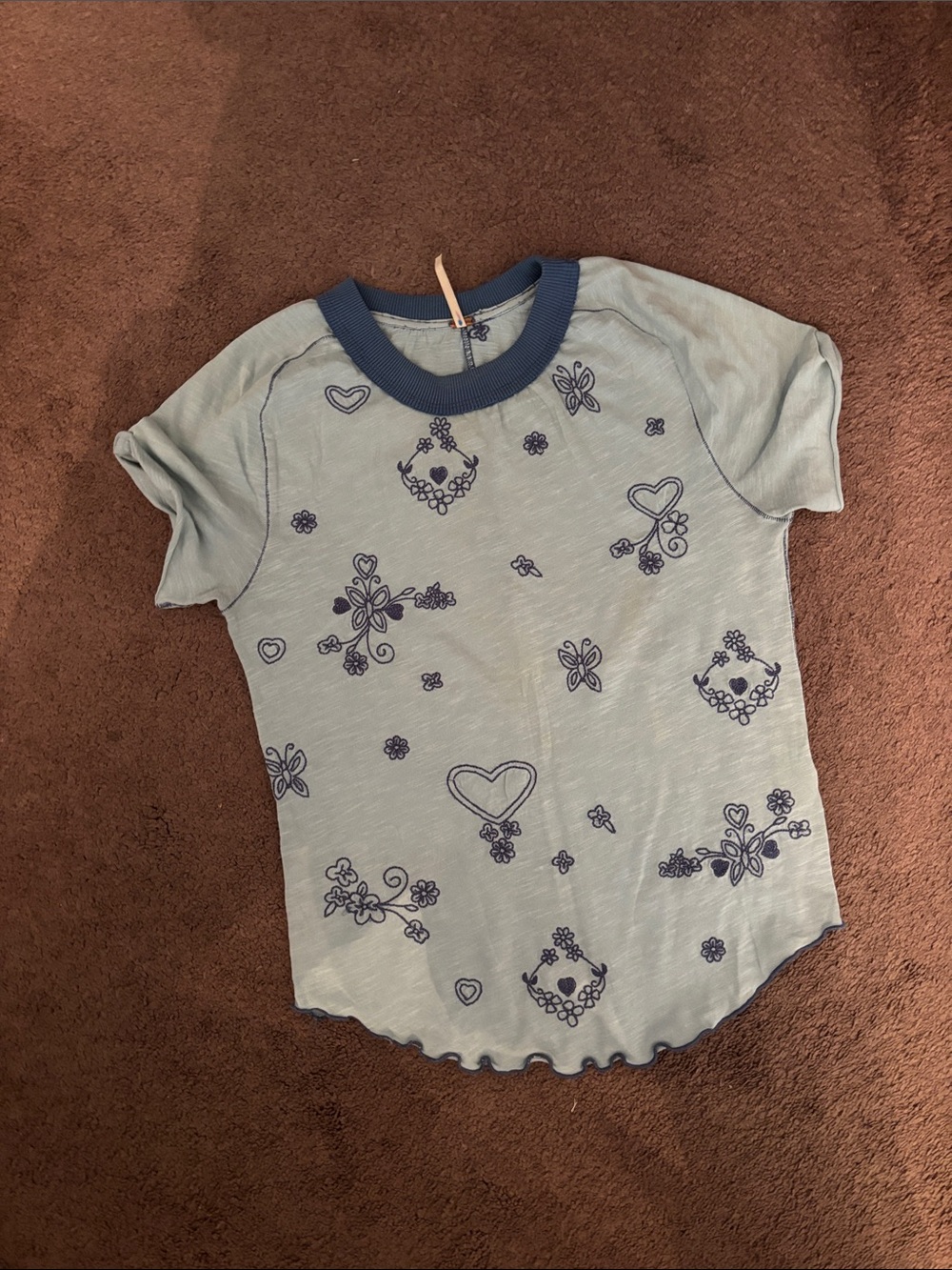 Free People copper tag Light embroidered Blue Floral & Heart Print Top NWOT